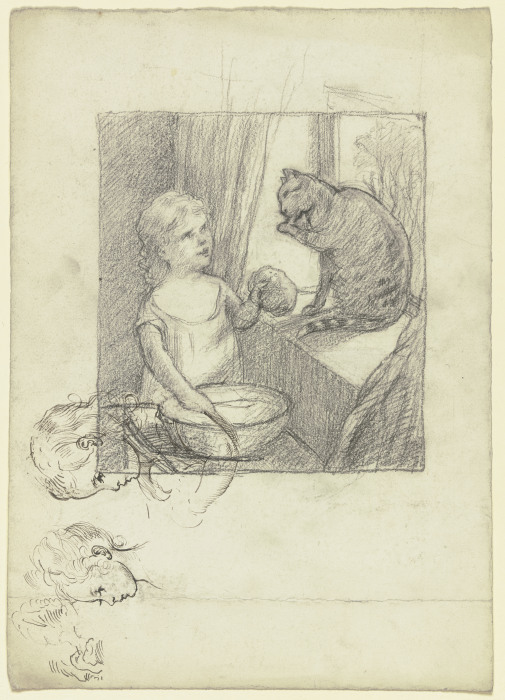 "Katzenwäsche", dabei Studien eines Kinderkopfes im Profil nach links de Otto Scholderer