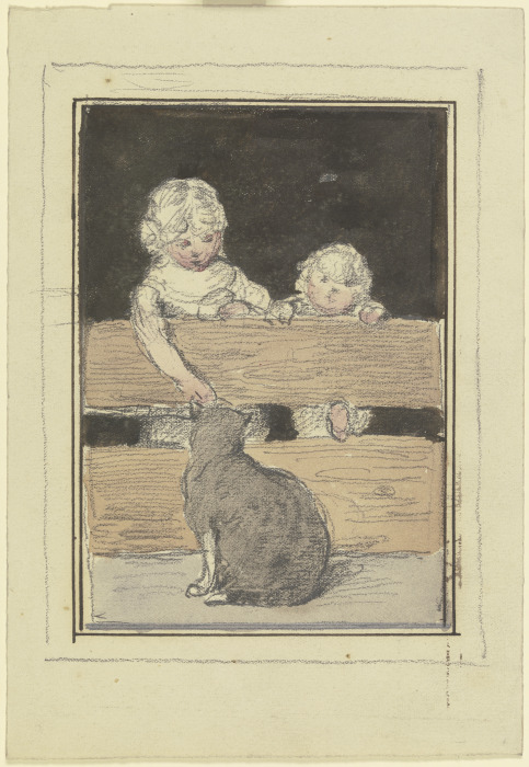 Zwei Kinder am Zaun mit einer Katze de Otto Scholderer
