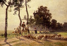 Shepherd with herd at havung a talk with a mounted Farmer de Otto Strützel