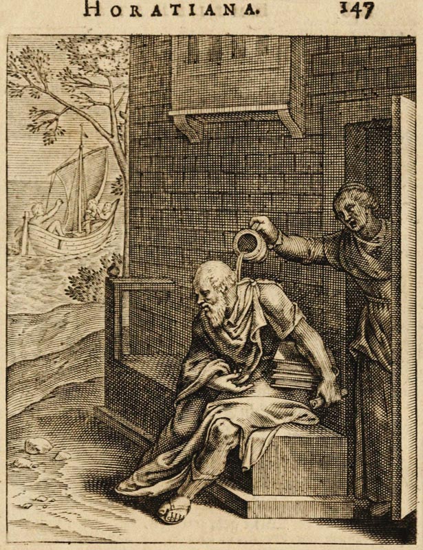 Xanthippe emptying a chamber pot over Socrates. (From Emblemata Horatiana) de Otto van Veen