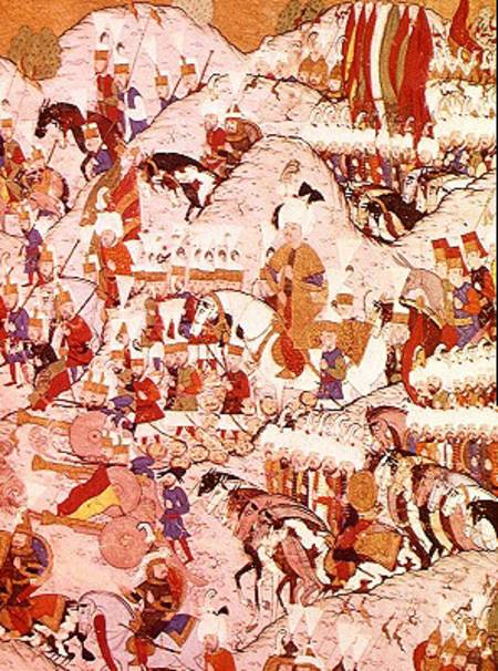 TSM H.1524 'Hunername' manuscript: Suleyman the Magnificent (1494-1566) at the Battle of Mohacs in 1 de Ottoman School