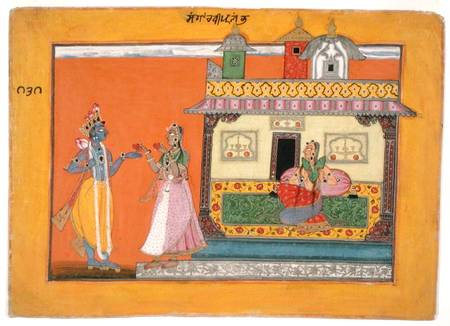 Krishna arriving at Radha's house, illustration from a manuscript of the 'Rasamanjari' of Bhanudatta de Pahari School