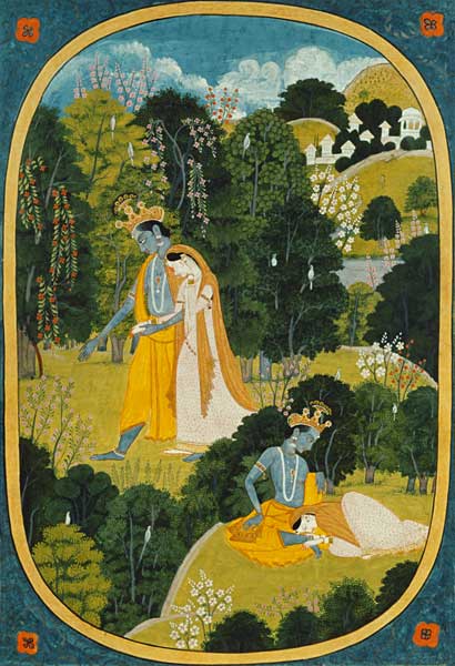 Radha and Krishna walking in a grove, Kangra, Himachal Pradesh, Pahari School, 1820-25 de Pahari School