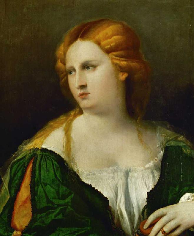 Junge Frau in grünem Kleid mit einer Schachtel in der Hand de Palma il Vecchio (eigentl. Jacopo Negretti)