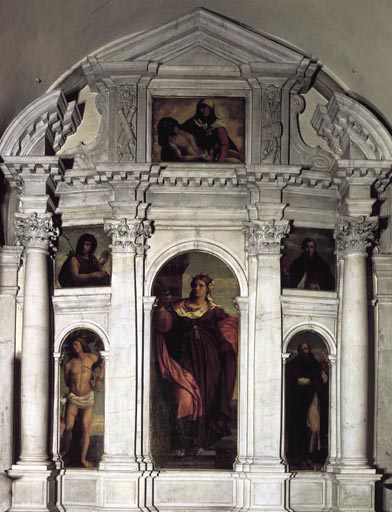 Heilige Barbara zwischen den Heiligen Sebastian und Antonius de Palma il Vecchio (eigentl. Jacopo Negretti)