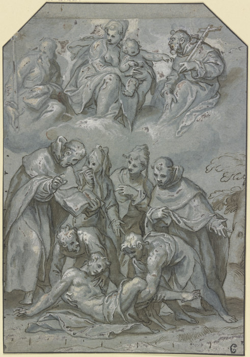 Bergung eines Jünglings in Anwesenheit von zwei Mönchen und zwei Frauen, darüber in Wolken die Madon de Paolo Farinati
