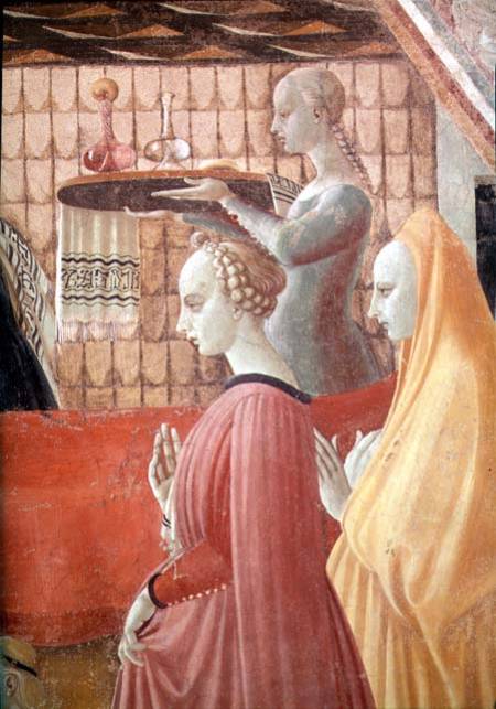 Birth of the Virgin, detail of a servant and two attendants de Paolo Uccello