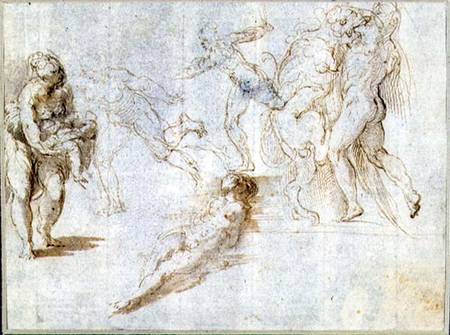 Figure Studies: Woman Holding a Baby; Man Pursued by Another; Nude Woman Lying on Ground; Hercules a de Parmigianino