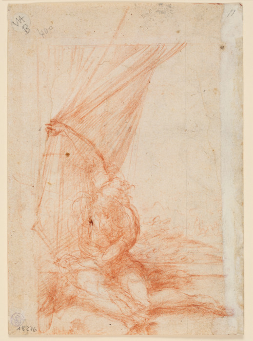 Sitzende Gestalt, die einen Vorhang beiseite schiebt de Parmigianino
