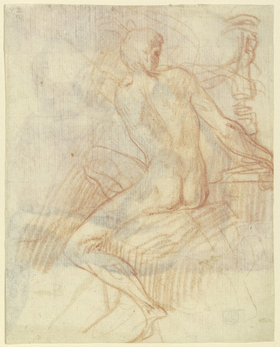 Sitzender männlicher Akt nach links, zurückgewandt einen hinter ihm stehenden Kandelaber haltend de Parmigianino
