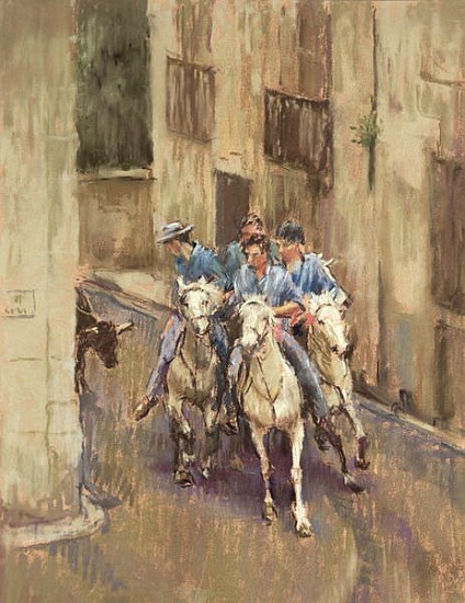 The Bull Run in Soubes (pastel on paper)  de  Pat  Maclaurin