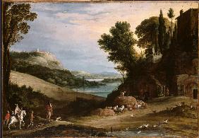 An Italianate Landscape with a Hawking Party Approaching a Villa