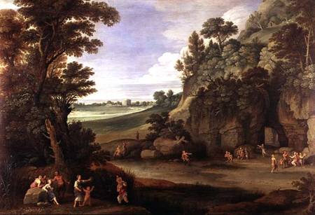 Arcadian landscape with satyrs and nymphs (panel) de Paul Brill or Bril