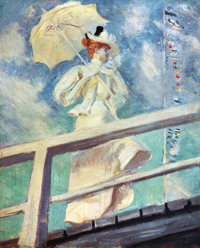 Frau in weißem Kleid mit Sonnenschirm de Paul César François Helleu