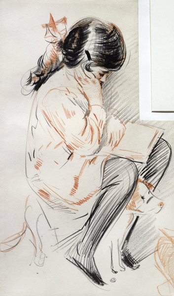 Paulette Reading Sitting on her Toy Dog (coloured pencil on paper) de Paul Cesar Helleu