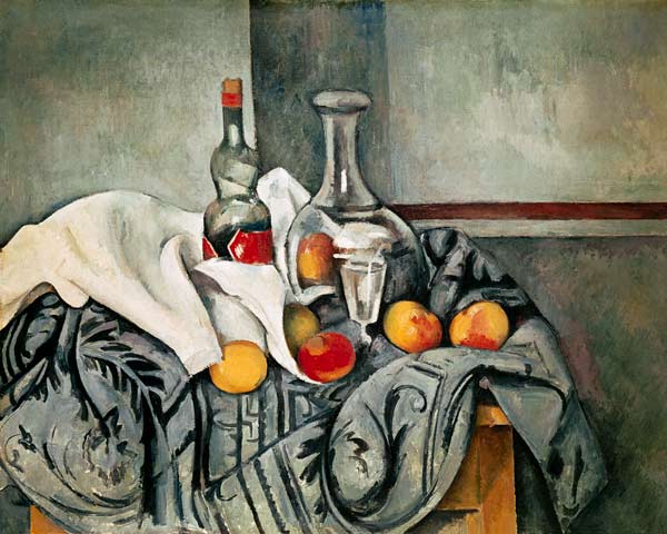 Naturaleza muerta con duraznos y botellas de Paul Cézanne