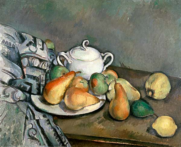 Sugar bowl,apples a.cloth de Paul Cézanne