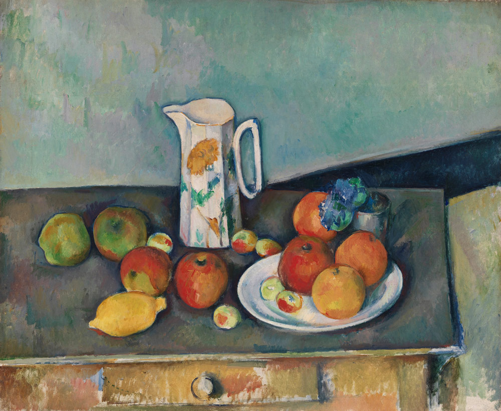Still life with milkjug and fruit de Paul Cézanne