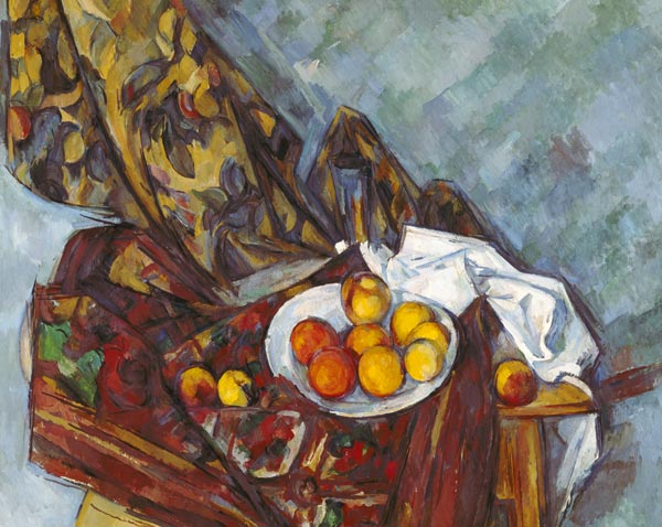 Quiet life with flowered curtain and fruit bowl de Paul Cézanne