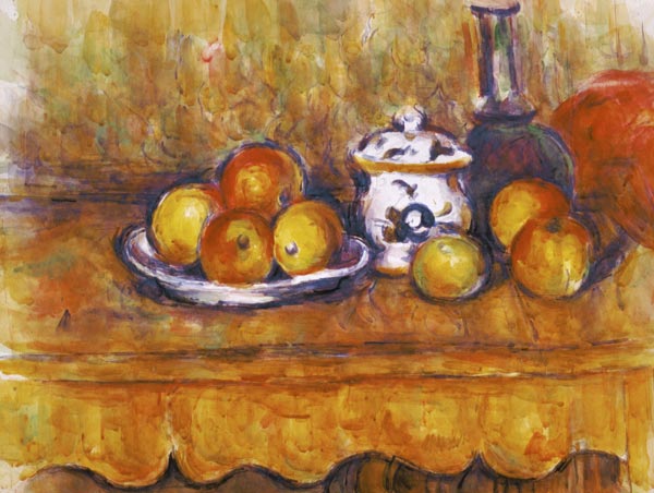Quiet life with blue bottle's and sugar bowl's wat de Paul Cézanne