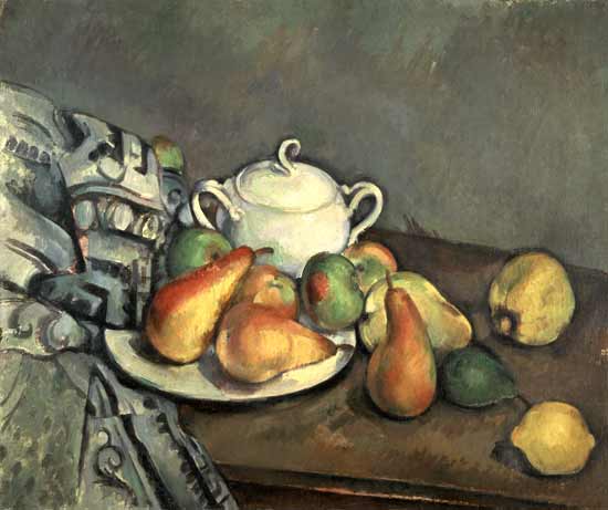 Quiet life with sugar bowl, pears and tablecloth de Paul Cézanne