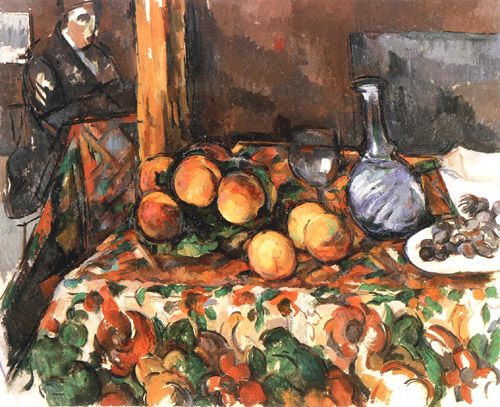 Still life with peaches, carafe and figure de Paul Cézanne