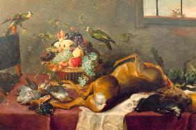 Hunting Still Life with Killed Stag, Fruit Basket, Winged G