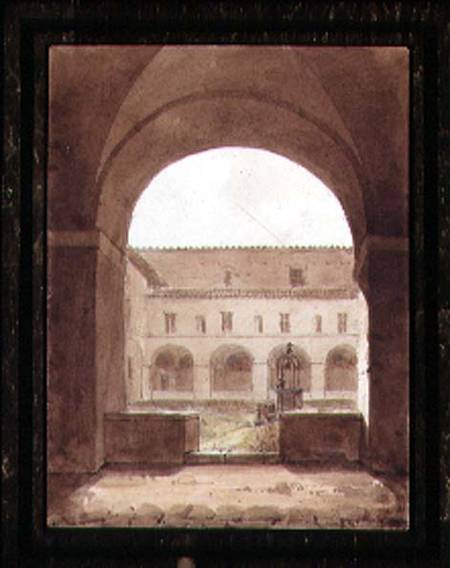 View of a Cloister with a Well (sepia w/c on paper) de Paul Emile Detouche