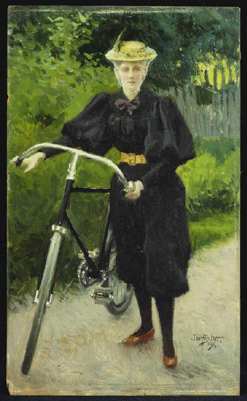 Eine Dame mit Fahrrad de Paul Fischer