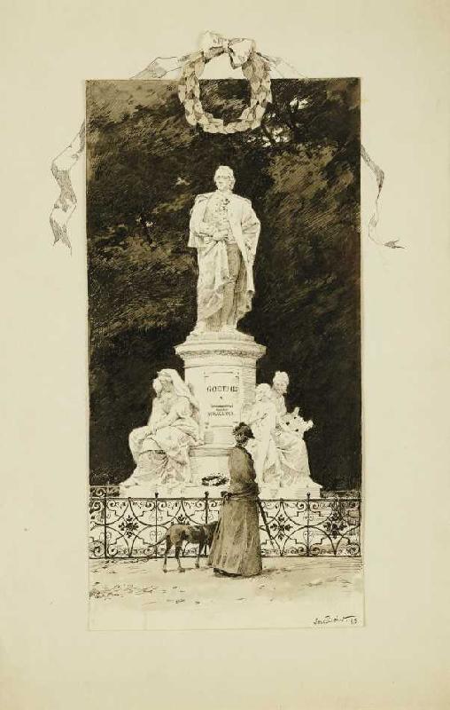 Elegante Dame vor einem Goethe-Denkmal de Paul Fischer