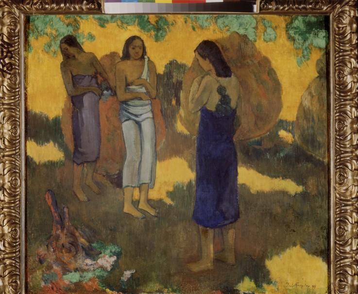 Three Tahitian Women against a Yellow Background de Paul Gauguin