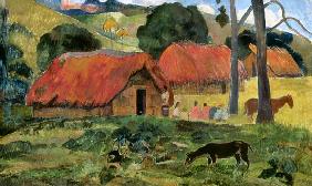 Landscape with a dog in front of a shed