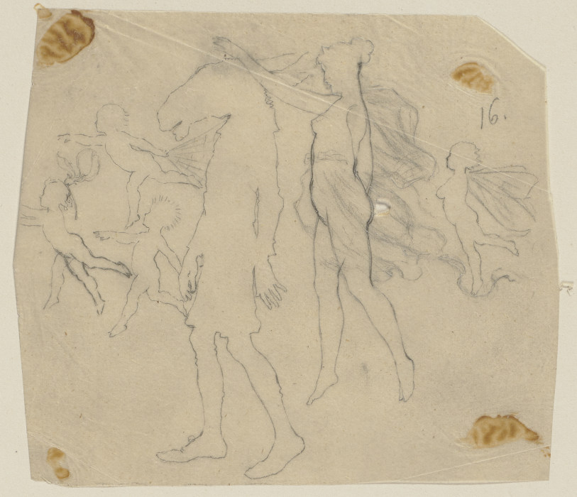 Titania, unbekleidet und mit hochgestecktem Haar, und Nick Bottom mit Eselskopf, gehend, begleitet v de Paul Konewka