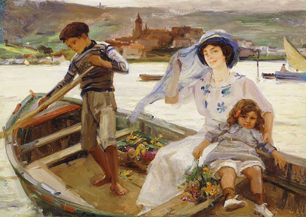 A Mother and Child being Ferried across a River with a Town Beyond, 1913 de Paul Michel Dupuy
