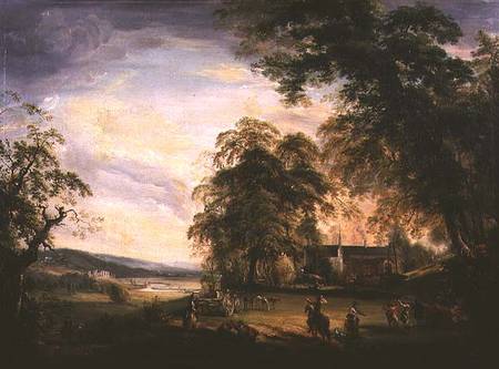 A View of Arundel Castle with Country Folk Merrymaking by a Farmhouse de Paul Sandby