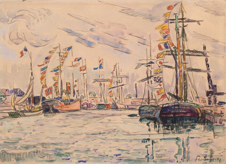 Sailboats with Holiday Flags at a Pier in Saint-Malo de Paul Signac