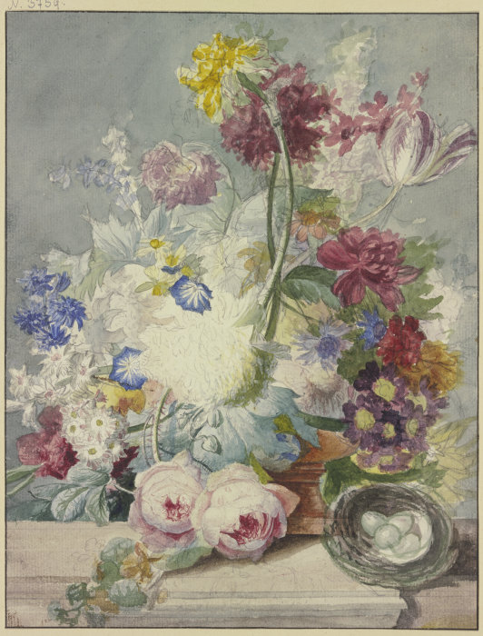 Blumenstrauß, dabei ein Vogelnest mit Eiern de Paul Theodor van Brussel