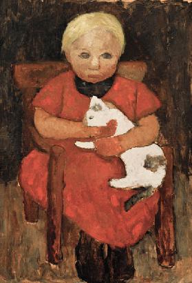 Sitting country child with cat