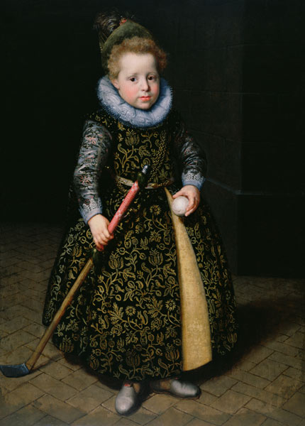 Portrait of a four-year old boy with club and ball de Paulus Moreelse