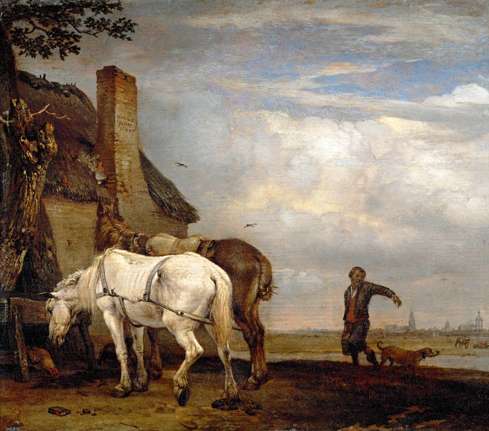 Two horses outside a farmhouse de Paulus Potter