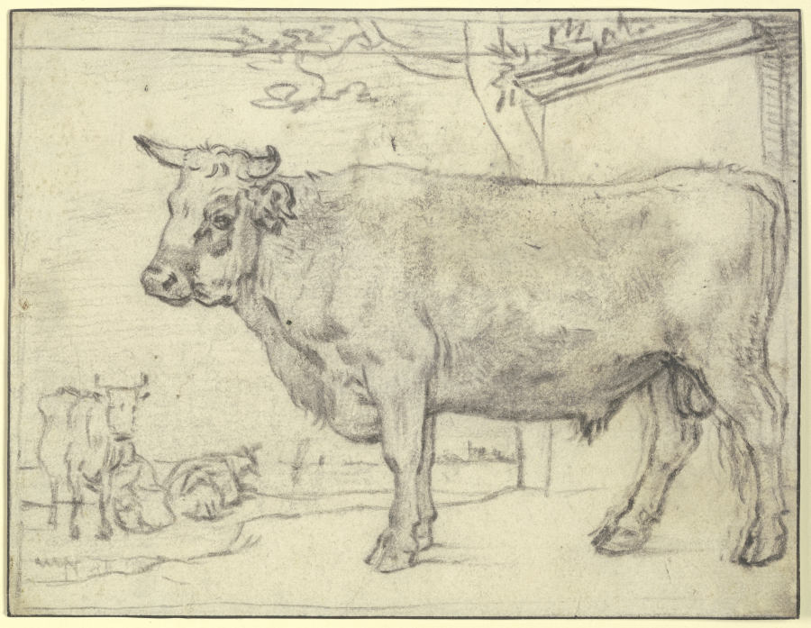 Stier nach links, hinten zwei Kühe und eine Melkerin de Paulus Potter