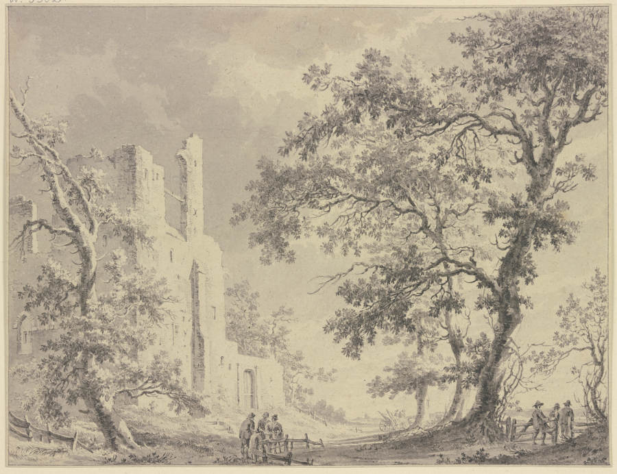 Links eine Ruine, rechts hohe Bäume mit einem Zaun, an welchem verschiedene Personen stehen de Paulus van Liender