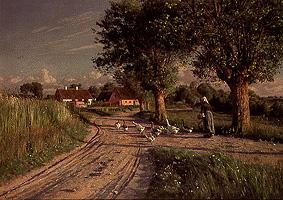 Farmer with geese on the evening way home de Peder Moensted