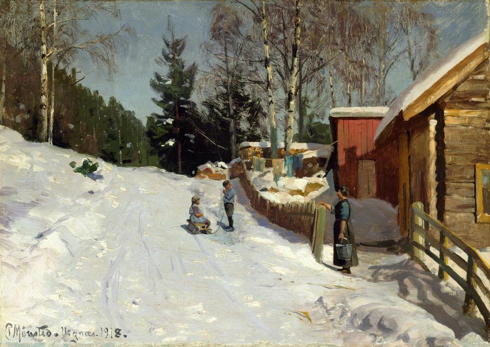 Children Playing in a Snowy Village Lane de Peder Moensted