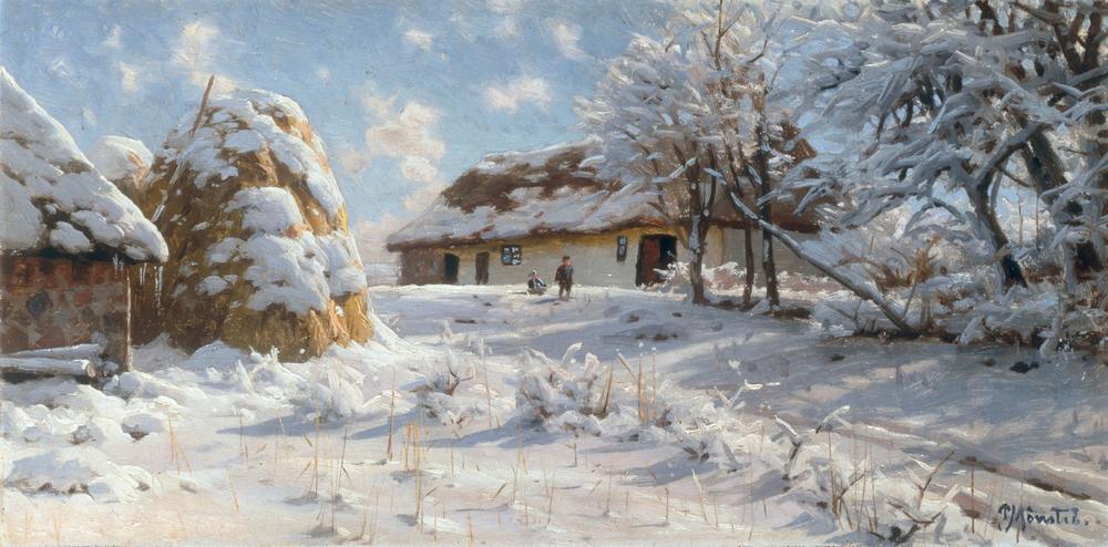 Village scene in snow with children tobogganing de Peder Moensted