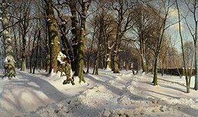 Snow-covered winter woods in the sunlight. de Peder Moensted