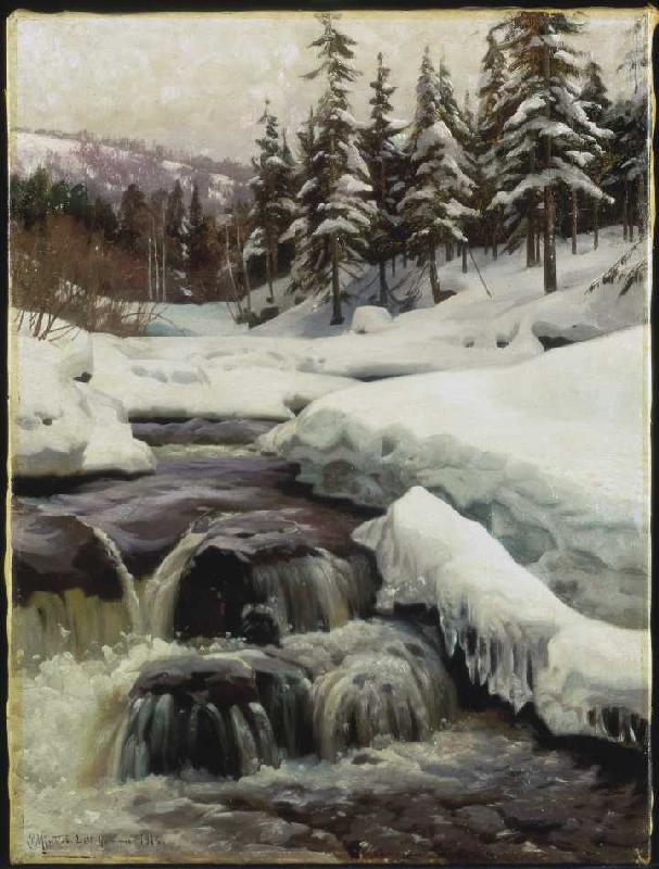 Winter landscape with mountain stream (Lillehammer de Peder Moensted