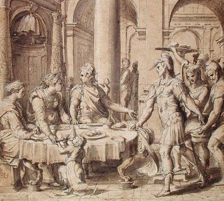 The Banquet of Dido and Aeneas, model for a tapestry in the Story of Aeneas series de Perino del Vaga