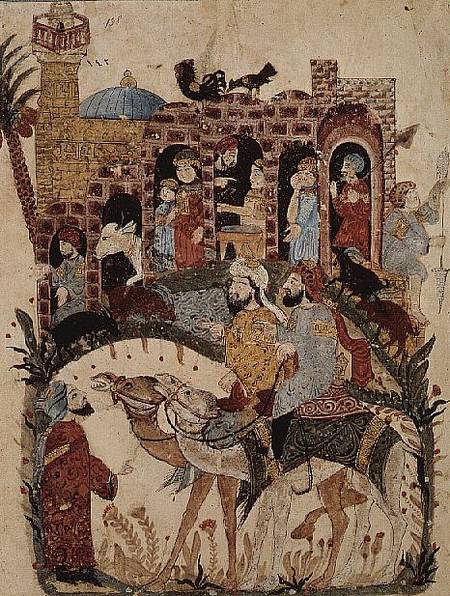 Ar 5847 f.138 Abu Zayd and Al-Harith questioning villagers from 'The Maqamat' (The Meetings) by Al-H de Persian School