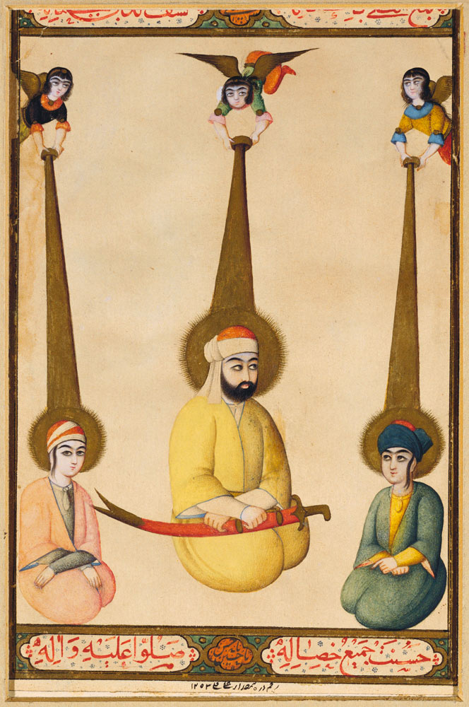 The first three Shiite Imams: Ali with his sons Hasan and Husayn, illustration from a Qajar manuscri de Persian School